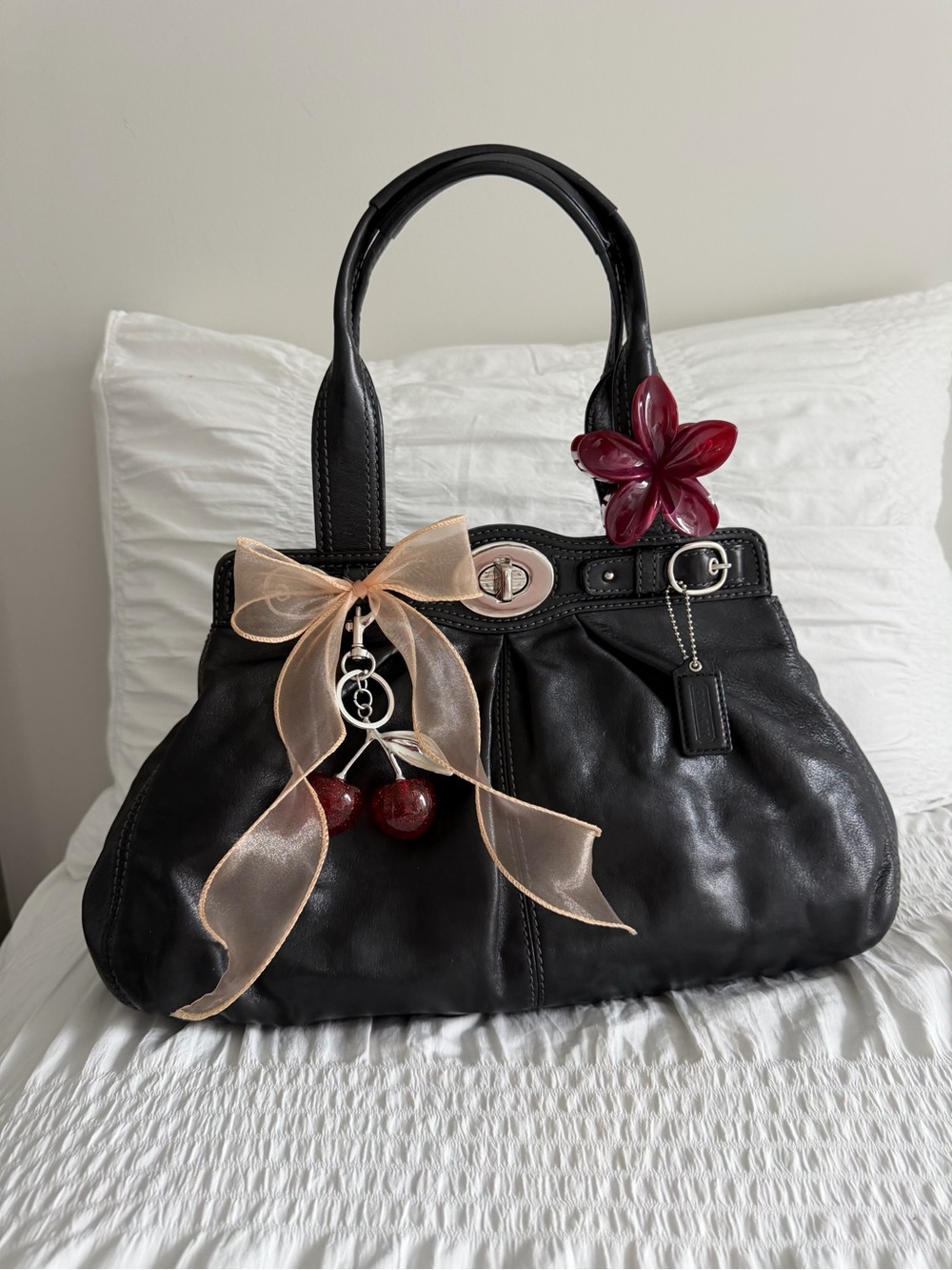 Vintage Coach Black Leather Garnet Shoulder Bag